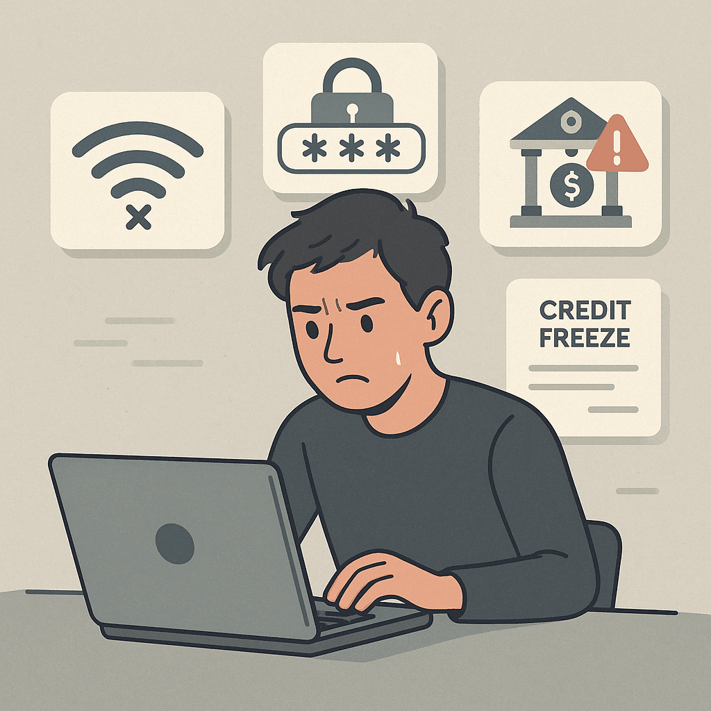 Person at laptop with urgent notification icons appearing on screen