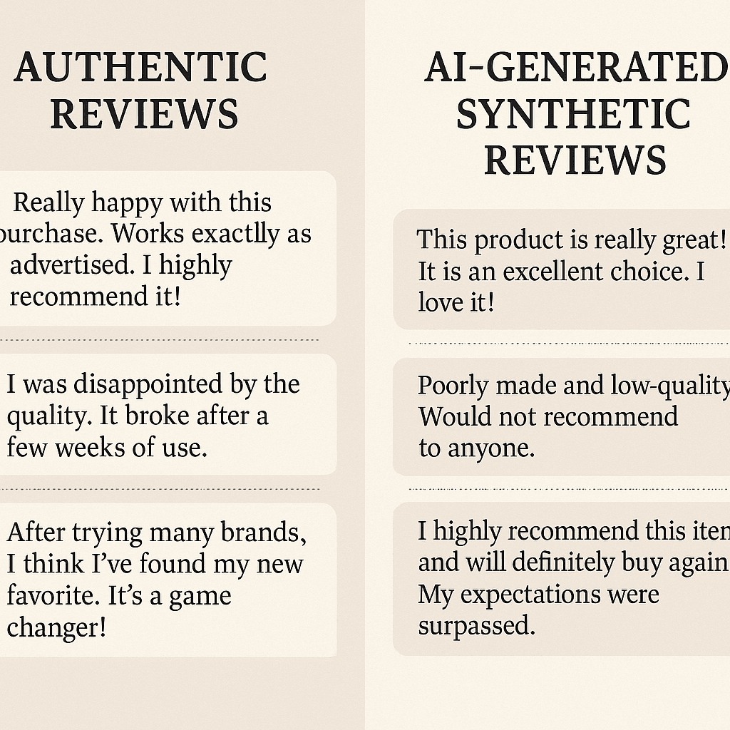 Comparison view showing authentic human review text versus AI-generated review patterns