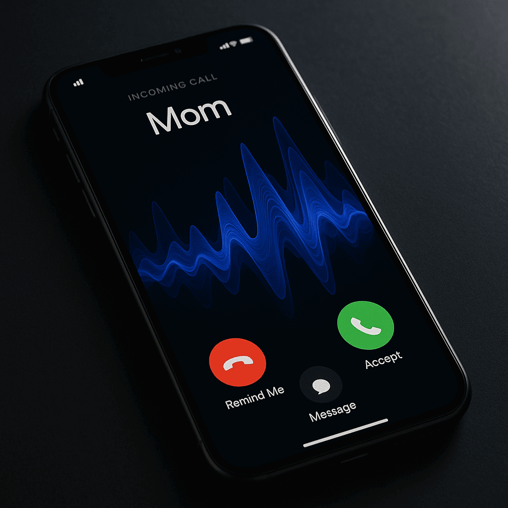 Smartphone displaying incoming call from 'Mom' with waveform visualization overlay suggesting synthetic audio generation