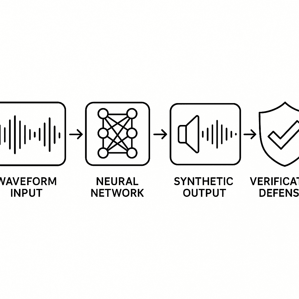 Waveform visualization showing AI analyzing speech patterns to generate synthetic voice audio