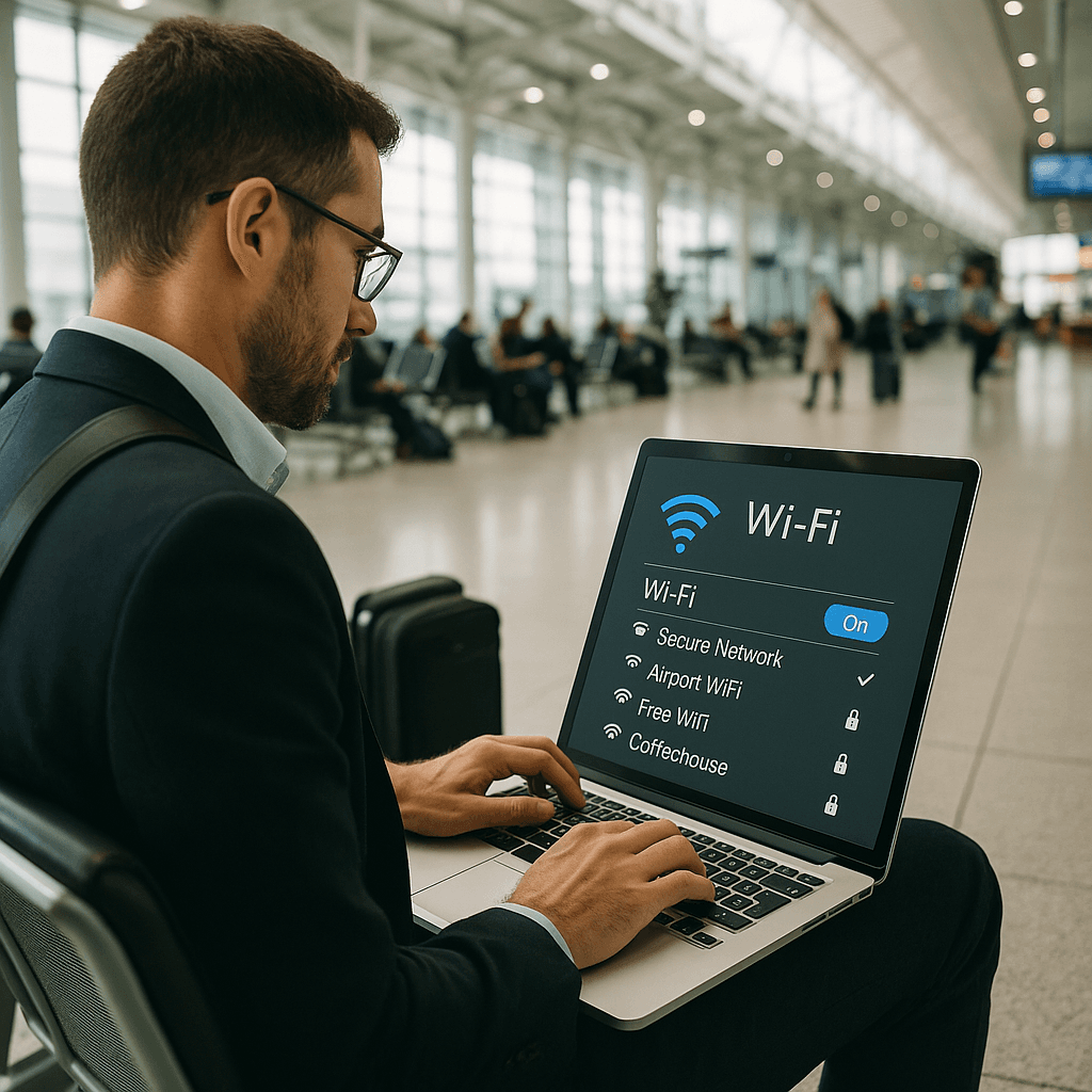 Traveler working on laptop in airport terminal with public WiFi network list visible on screen