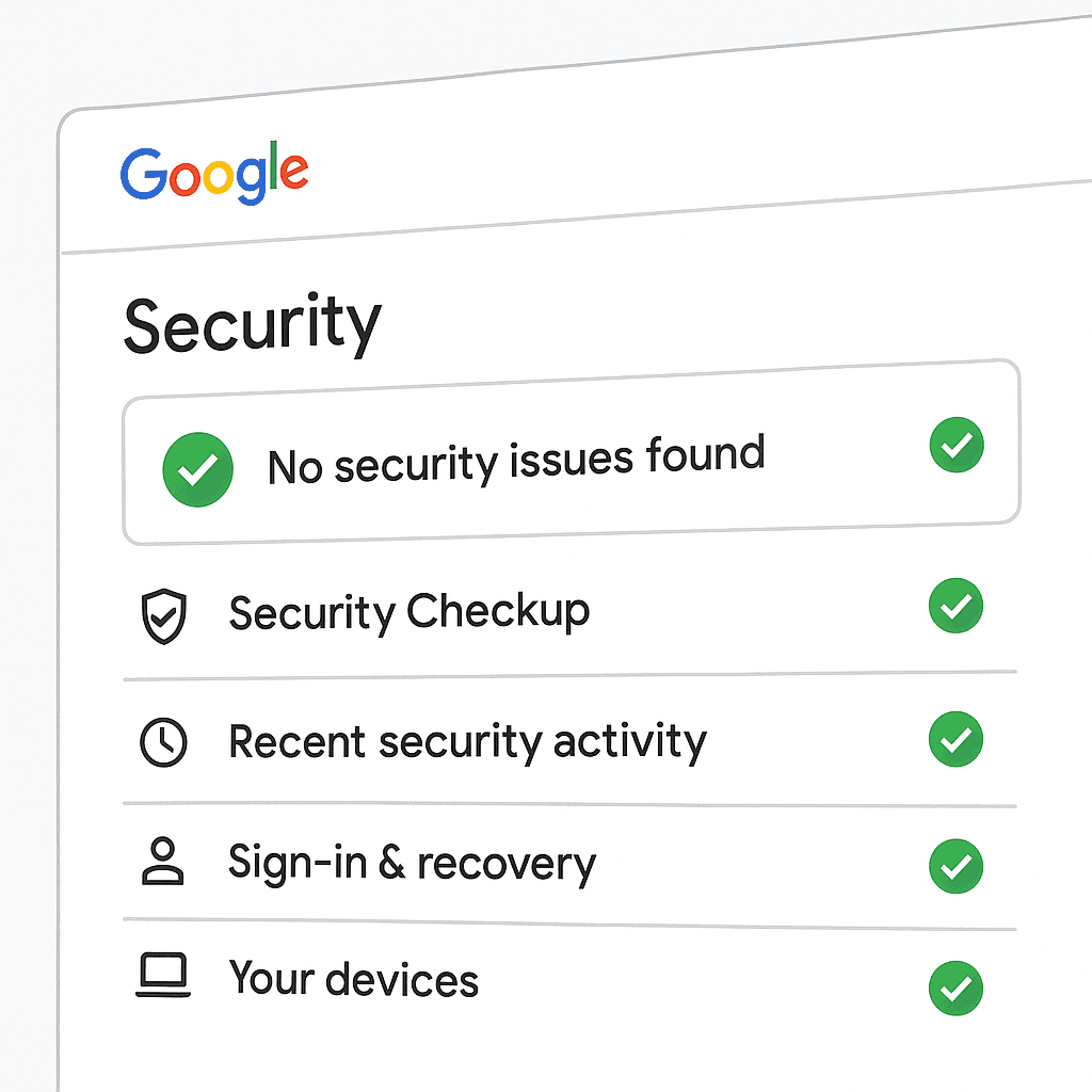 Google account settings page with all security recommendations resolved