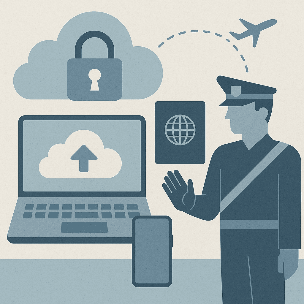 Laptop and smartphone on a desk next to a passport and boarding pass, with cloud storage icons floating above the devices