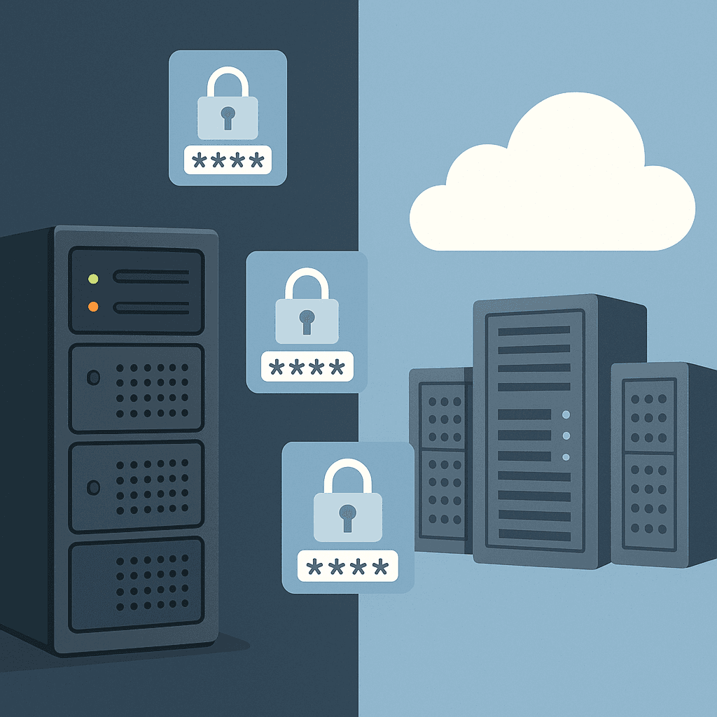 Decision flowchart showing factors for choosing between self-hosted and cloud password management