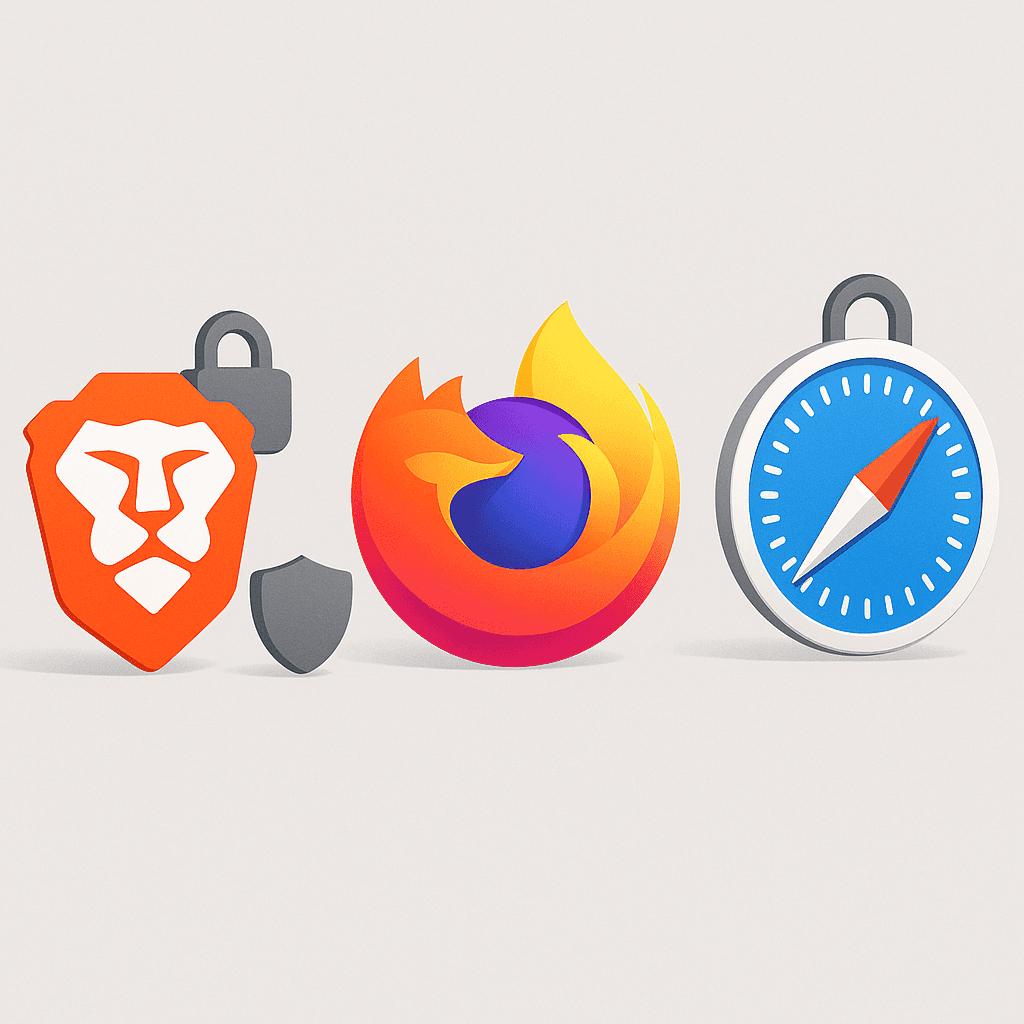 A decision tree diagram showing privacy considerations for choosing between Brave, Firefox, and Safari based on platform, threat model, and control preferences.