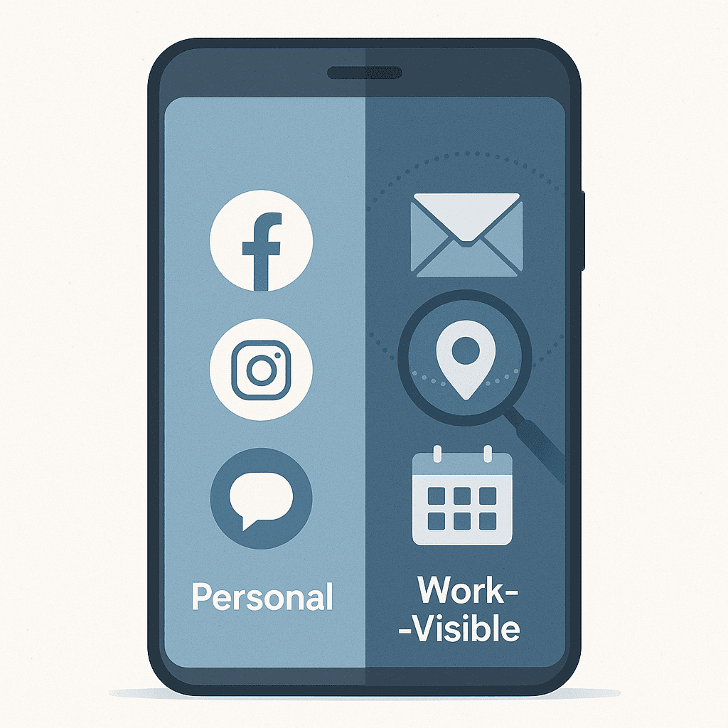 A visual diagram showing the boundary between personal data and work-accessible data on a BYOD phone, with clear zones of visibility