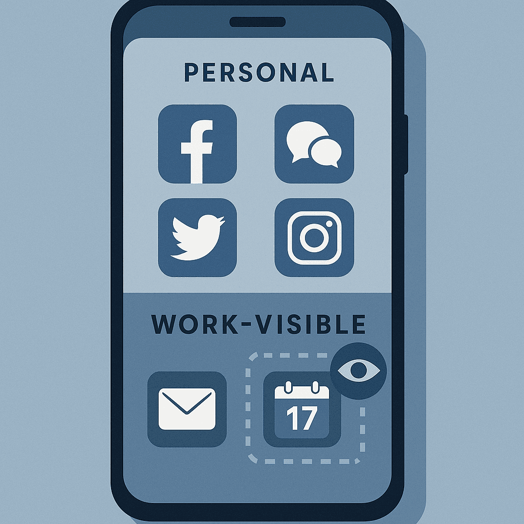A smartphone displaying both personal and work apps, with a translucent overlay showing which data points are visible to an employer's mobile device management system