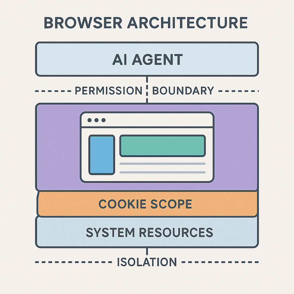Diagram illustrating the separation between browser data accessible to AI agents versus protected system resources