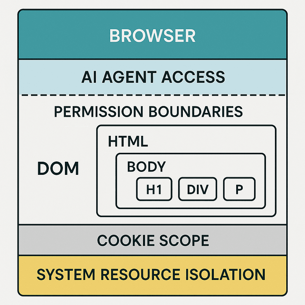Abstract visualization of browser architecture showing layers of data access with permission boundaries and agent scope