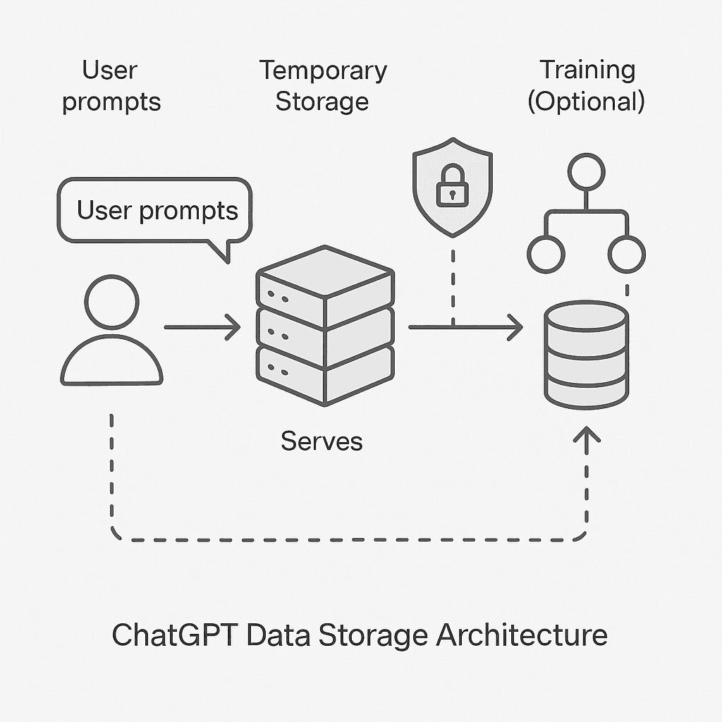 Diagram showing data flow from user prompt through ChatGPT servers to model training pipeline