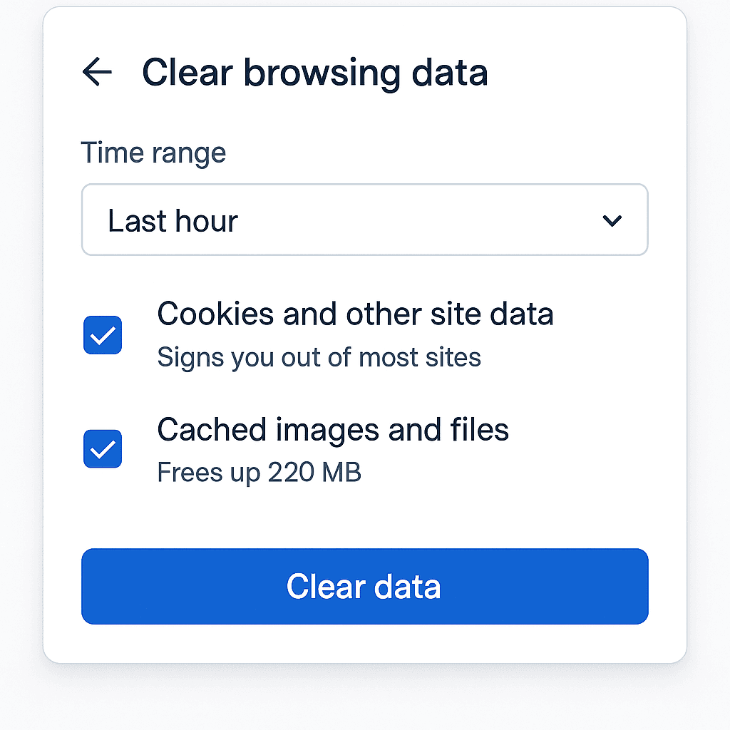Browser settings screen showing options to clear browsing data, cookies, and cached files with checkboxes and time range selectors visible