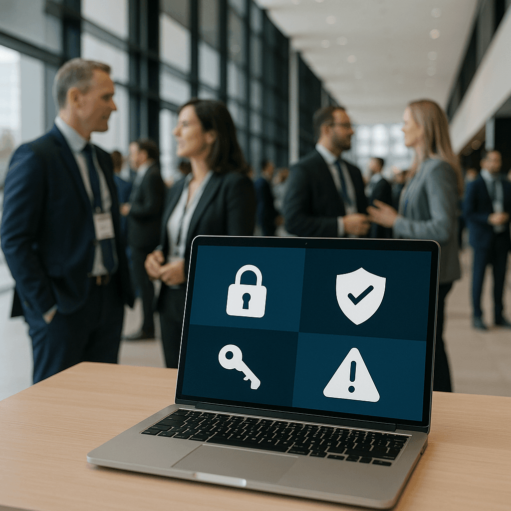 Professional conference attendee reviewing laptop security settings at a crowded networking event