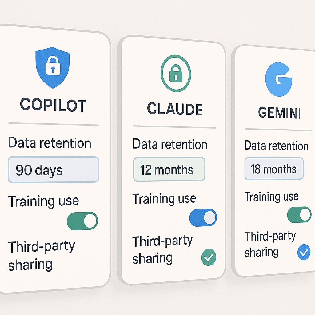 Privacy comparison matrix showing Copilot, Claude, and Gemini with checkmarks and X marks across retention, training, and sharing criteria
