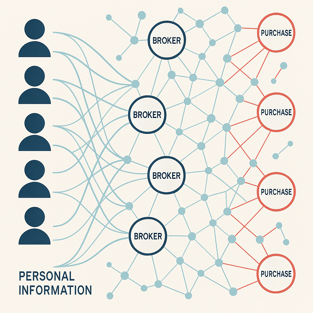 Flowchart showing paths from data collection through broker networks to consumer control mechanisms