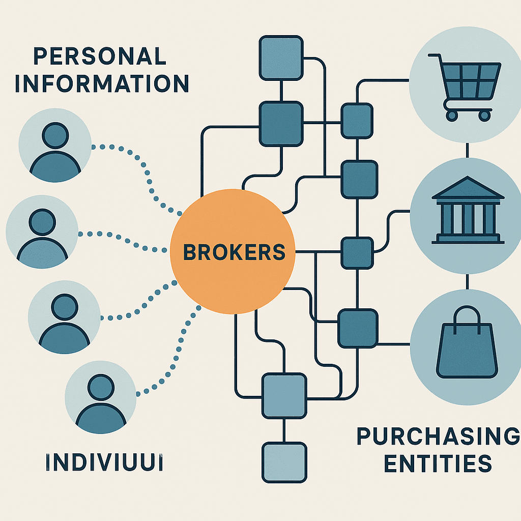 Abstract visualization of data flowing from individual profiles through broker networks to purchasing companies