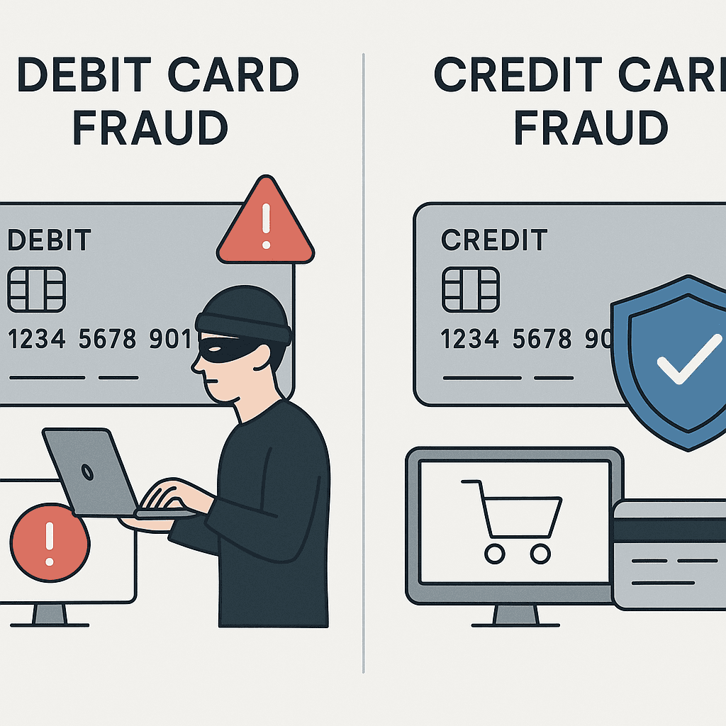 Two payment cards side by side, one marked 'debit' with a direct line to a bank account, the other marked 'credit' with a buffer layer between the card and the account