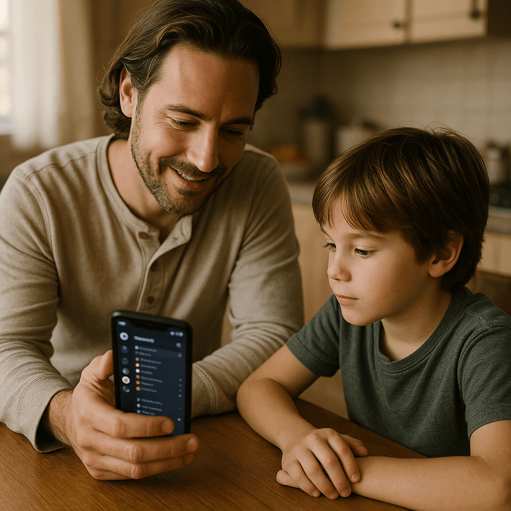 Parent and child looking at a phone screen together, discussing Discord settings in a calm, focused conversation