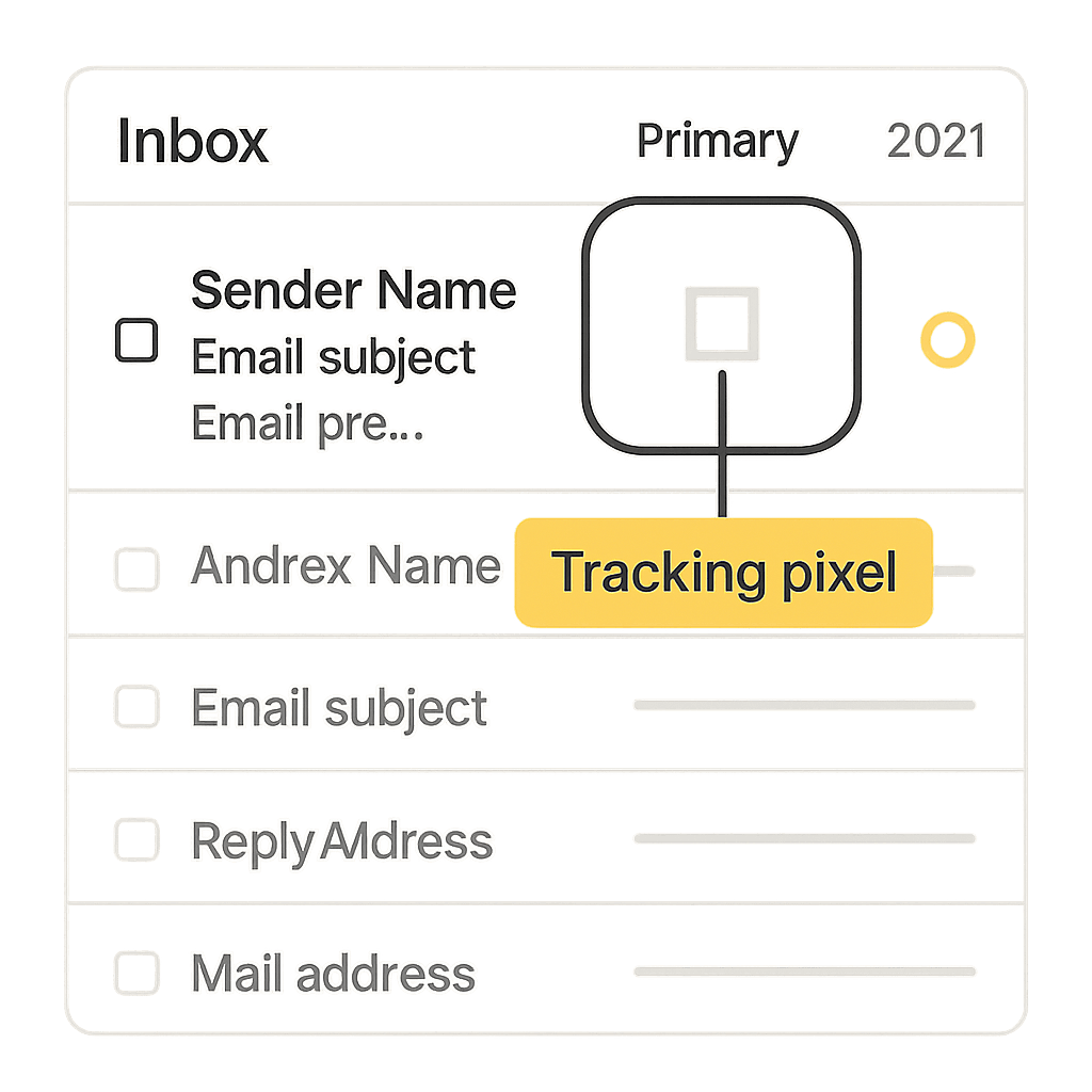 Email inbox interface with tracking pixel indicators highlighted