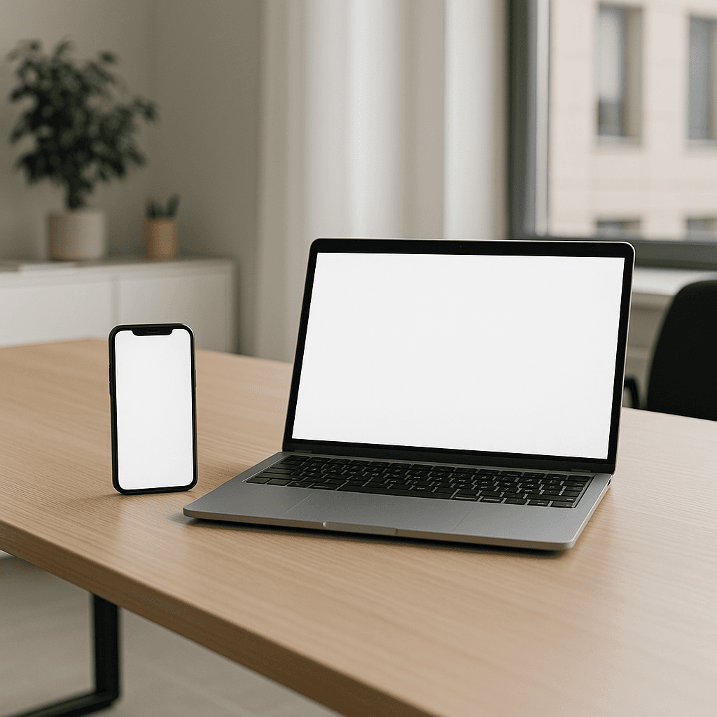 Split screen showing personal phone and work laptop on desk, clear visual separation between devices