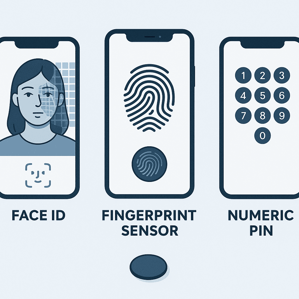 Layered diagram showing biometric authentication, device encryption, and secure enclave architecture