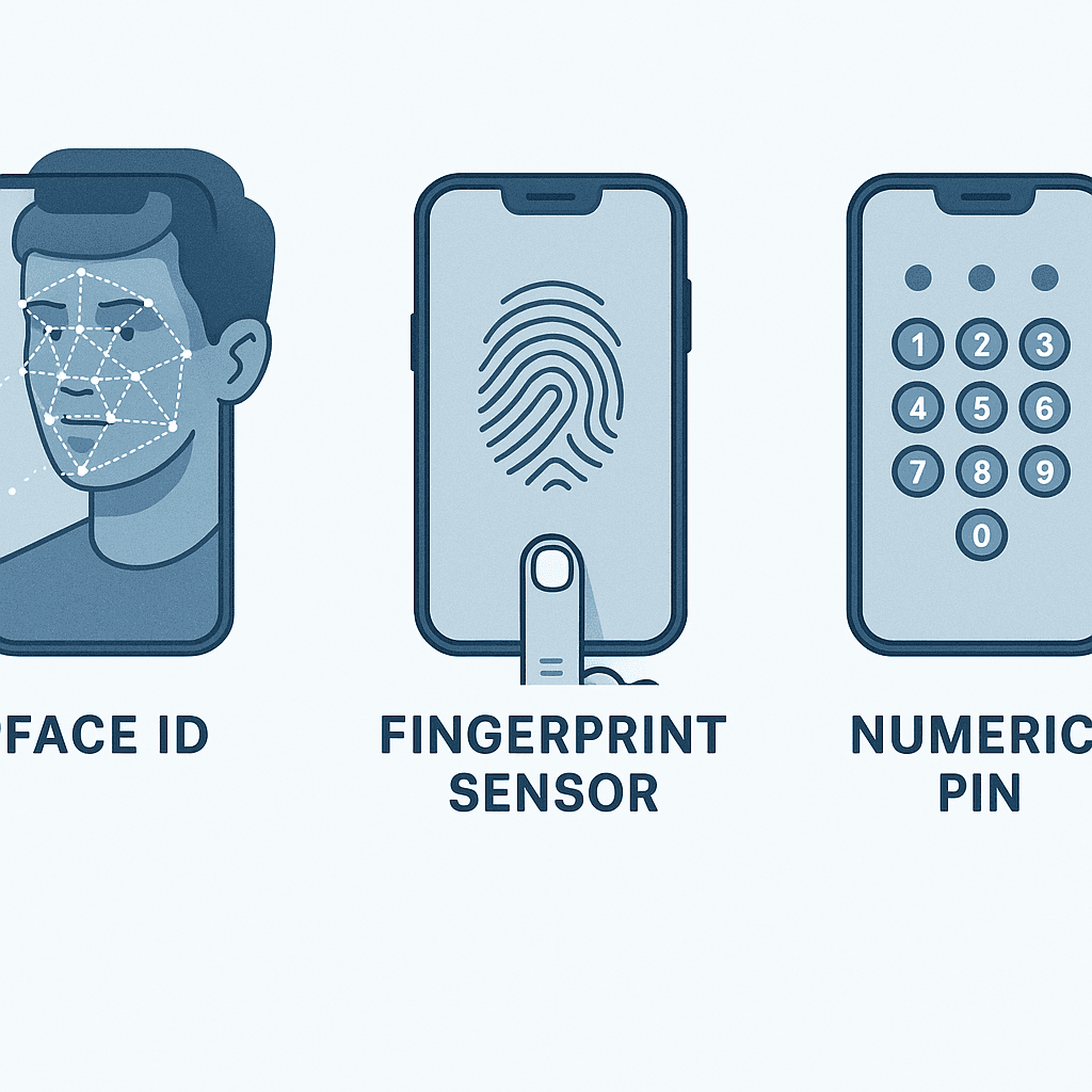 Three smartphone screens side by side showing Face ID scanning, fingerprint sensor prompt, and PIN entry keypad