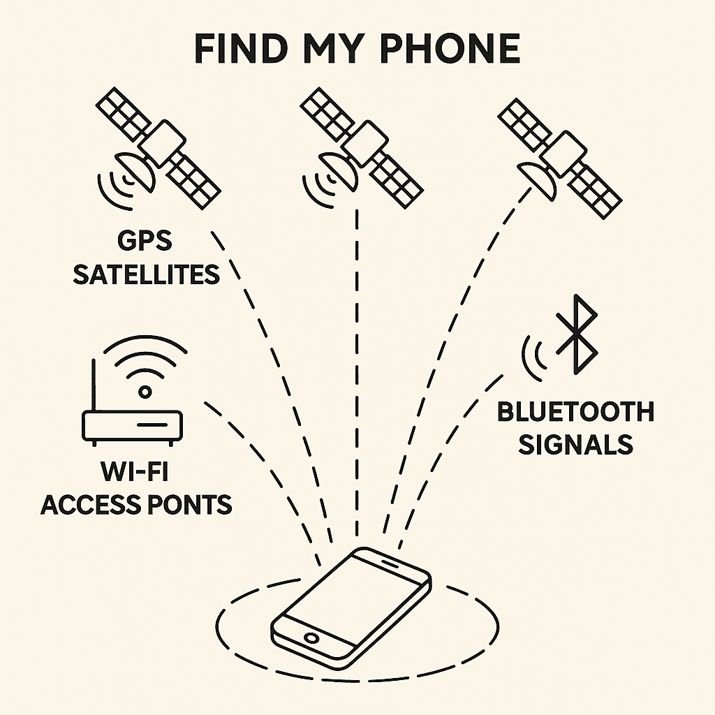 Phone screen showing Find My interface with location accuracy indicators and available remote actions