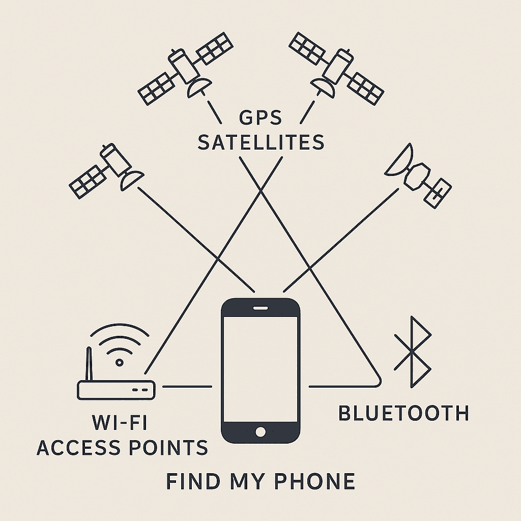 Smartphone displaying location map with layered technical signals showing GPS satellites, WiFi networks, and Bluetooth beacons