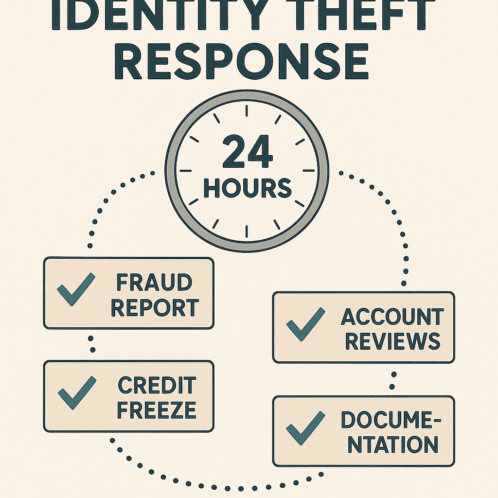 Person at desk with laptop and phone, organized documents showing completed fraud reports and credit freezes