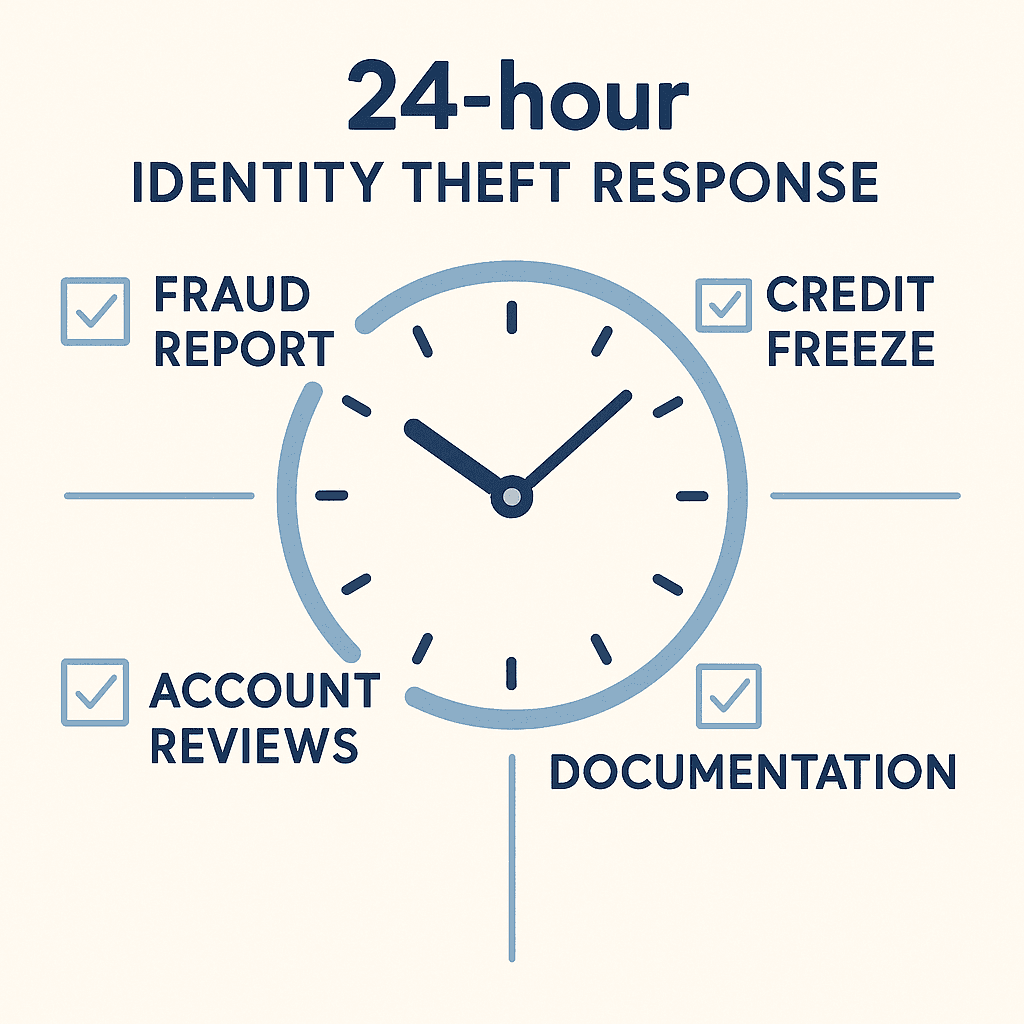 Clock showing first 24 hours overlaid with checklist of identity theft response steps