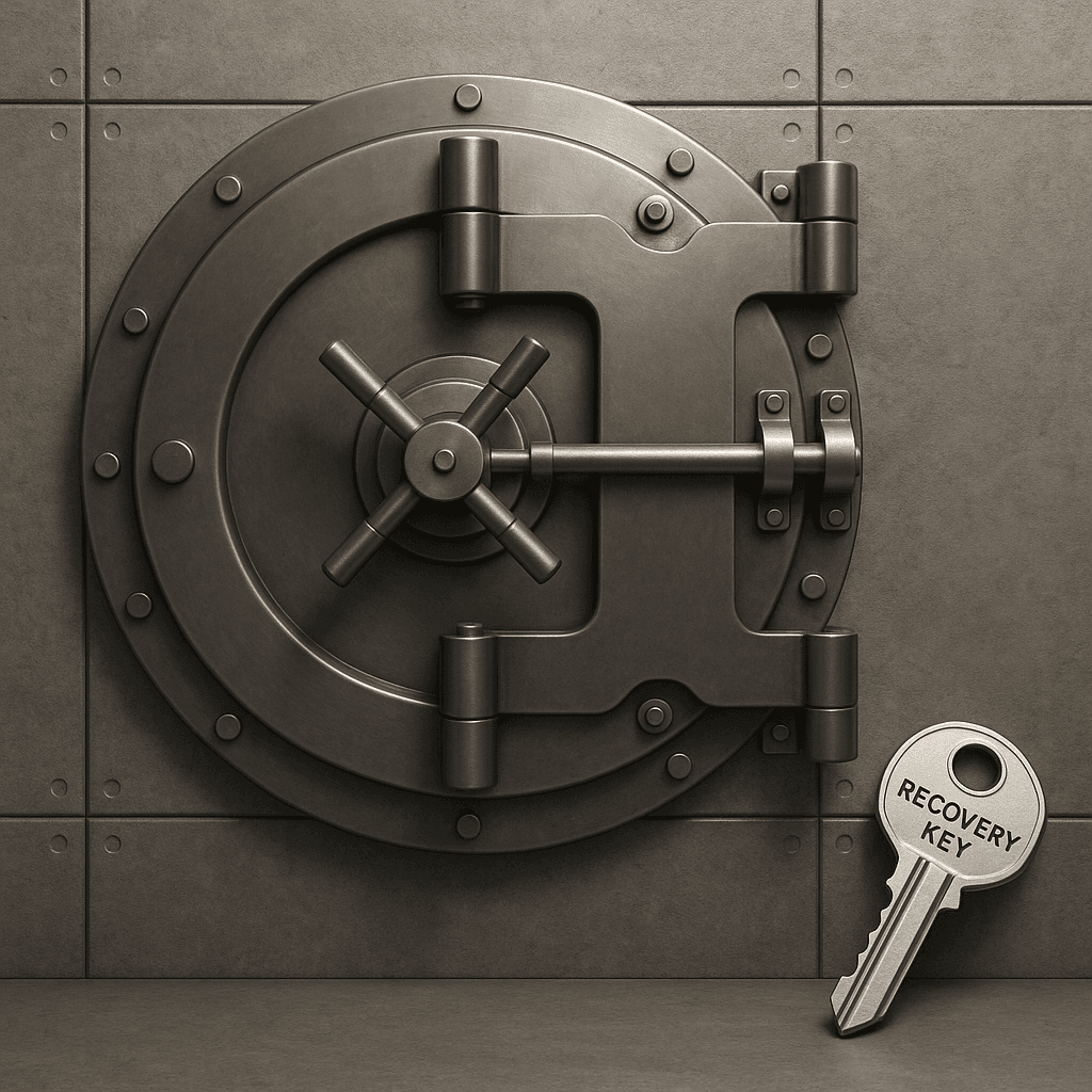 Locked vault with recovery key beside it