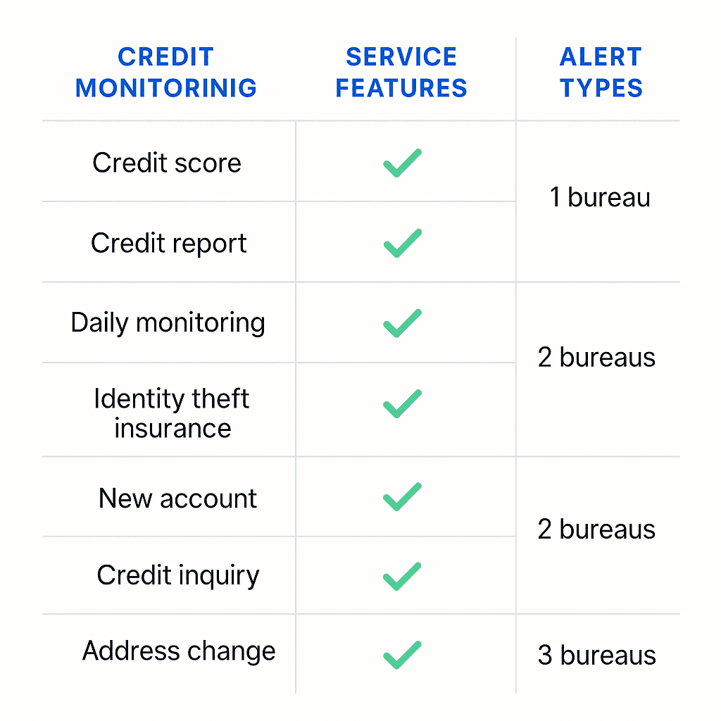 Side-by-side comparison chart showing different credit monitoring service features with checkmarks and X marks