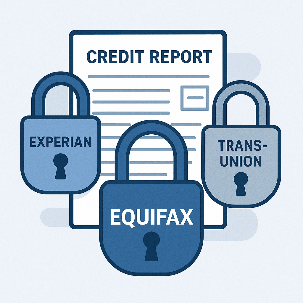 Three padlocks representing Equifax, Experian, and TransUnion credit freezes