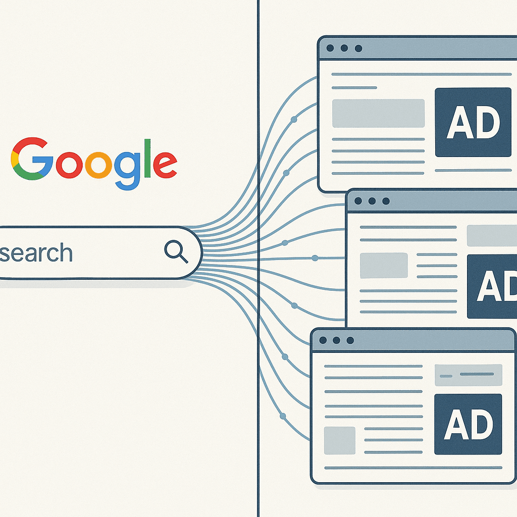Split screen showing a Google search bar on one side and targeted ads appearing on websites on the other side, connected by glowing data streams