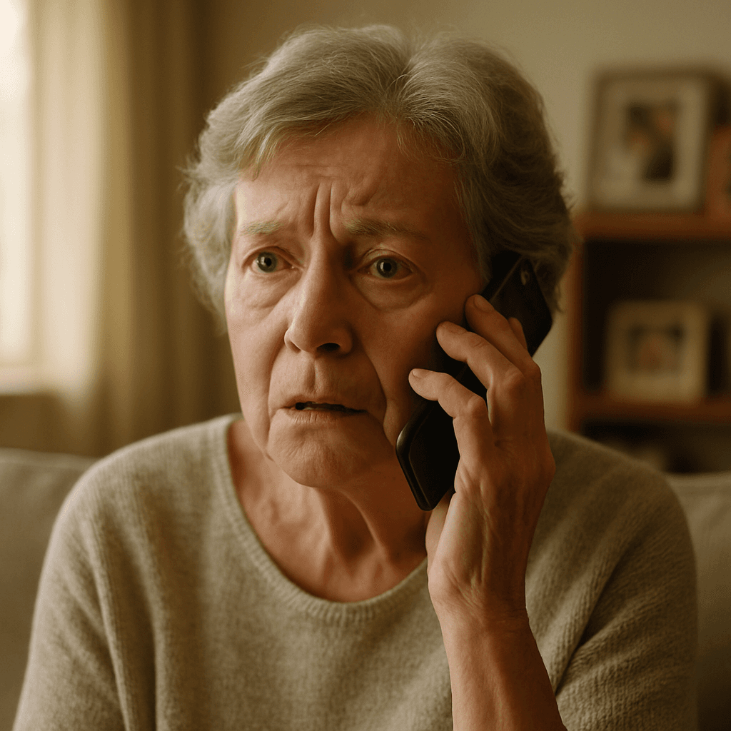 An older adult holding a phone with a distressed expression, representing the emotional manipulation at the heart of grandchild emergency scams