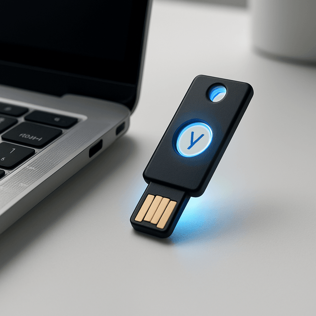 A YubiKey USB security key inserted into a laptop port with a subtle glow indicating authentication in progress