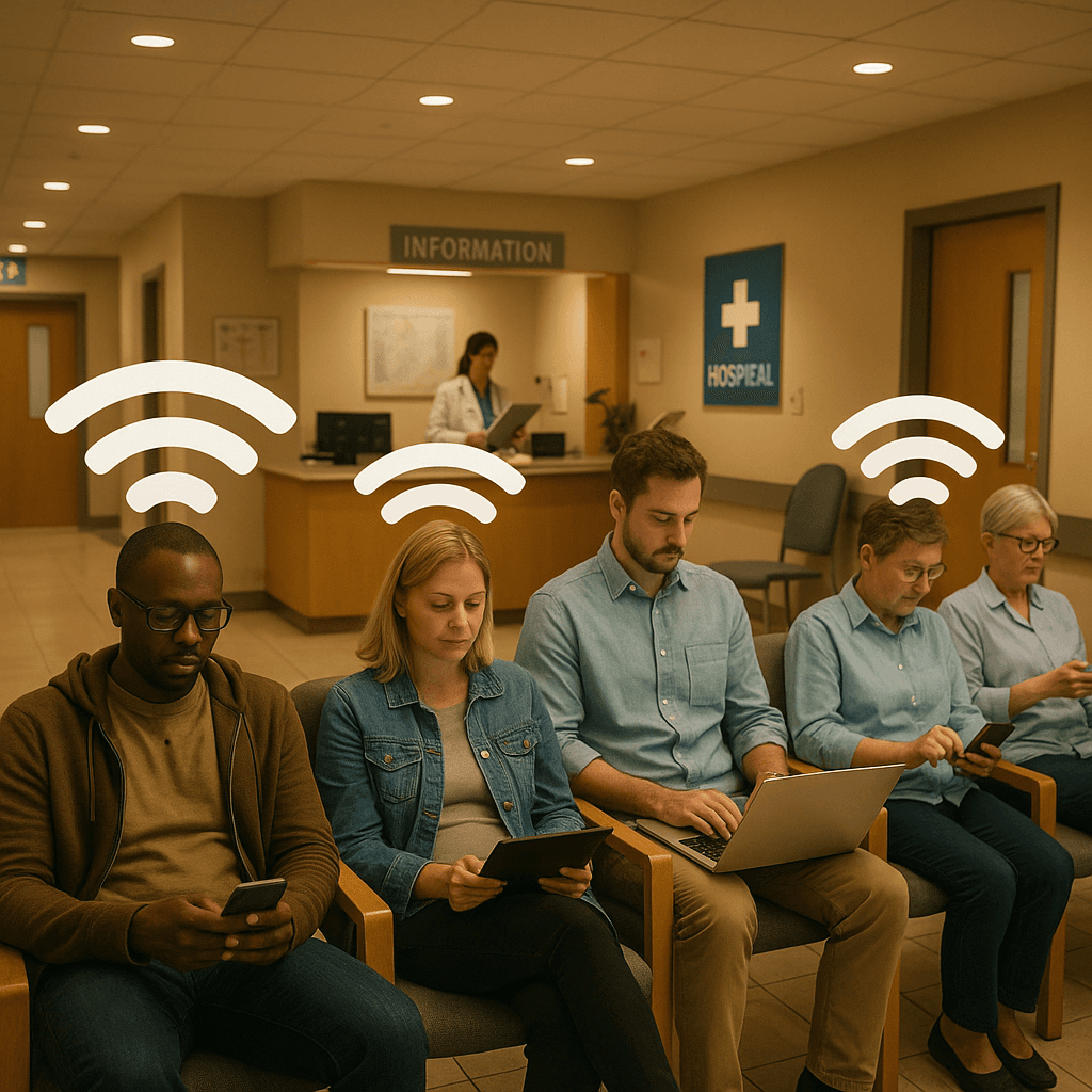 Hospital corridor with WiFi signal indicators, representing secure connectivity in healthcare settings