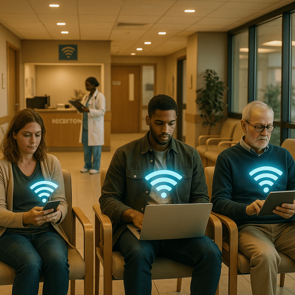 Hospital visitor connecting to WiFi in a waiting room, phone screen showing network selection
