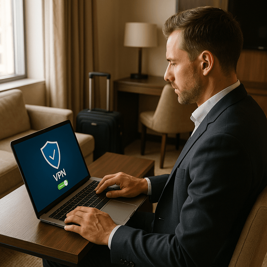 Secure connection indicator on mobile device in hotel lobby