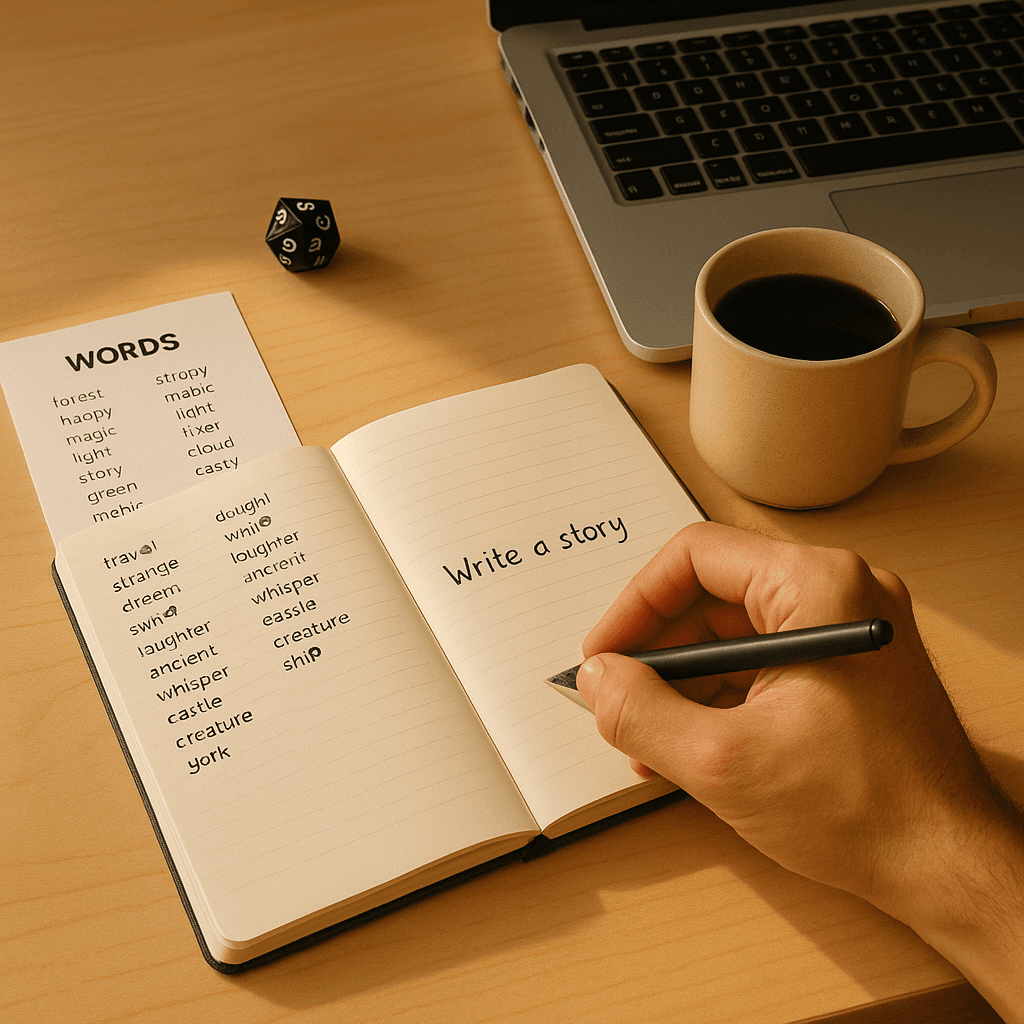 Person writing in notebook with dice and word list on desk