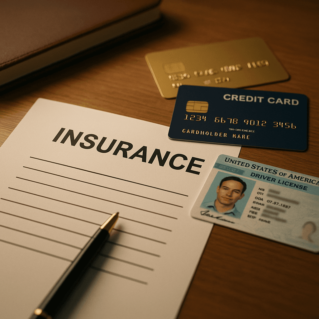 Insurance policy documents next to scattered credit cards and identity documents on a desk