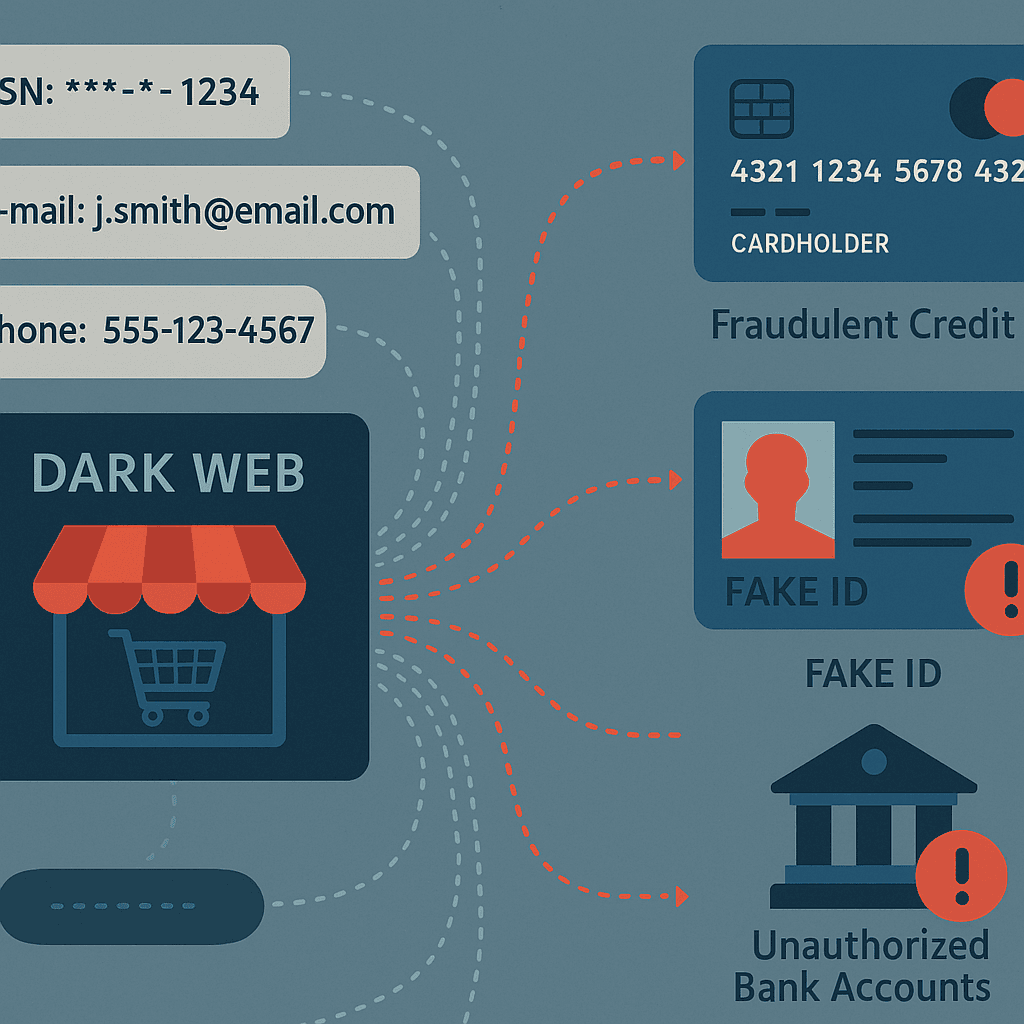 Abstract illustration showing fragmented personal data flowing into criminal marketplaces and emerging as fraudulent accounts