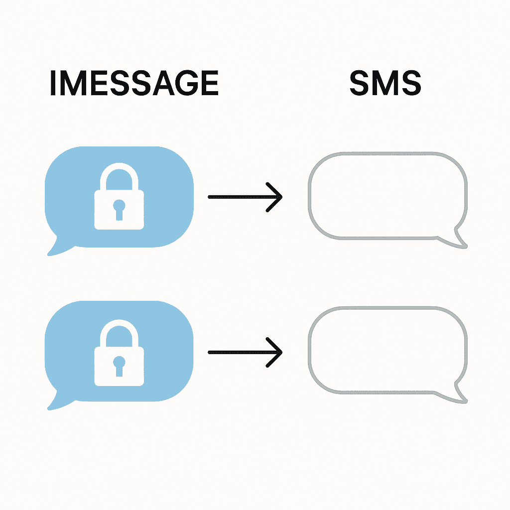 Split screen showing encrypted iMessage conversation on left and unencrypted SMS on right, with lock icons indicating security status