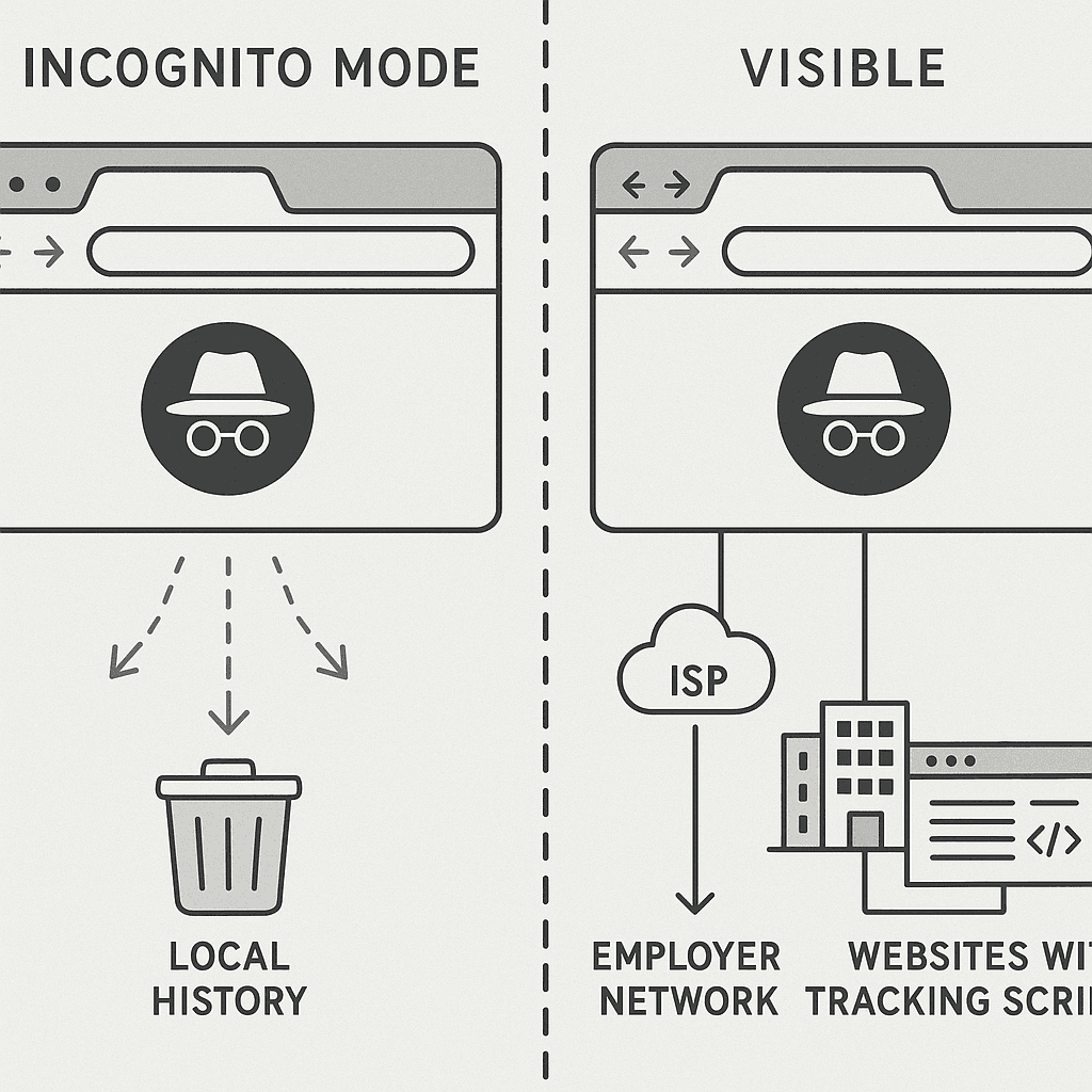 Split screen showing local device with cleared history versus external network with visible activity logs