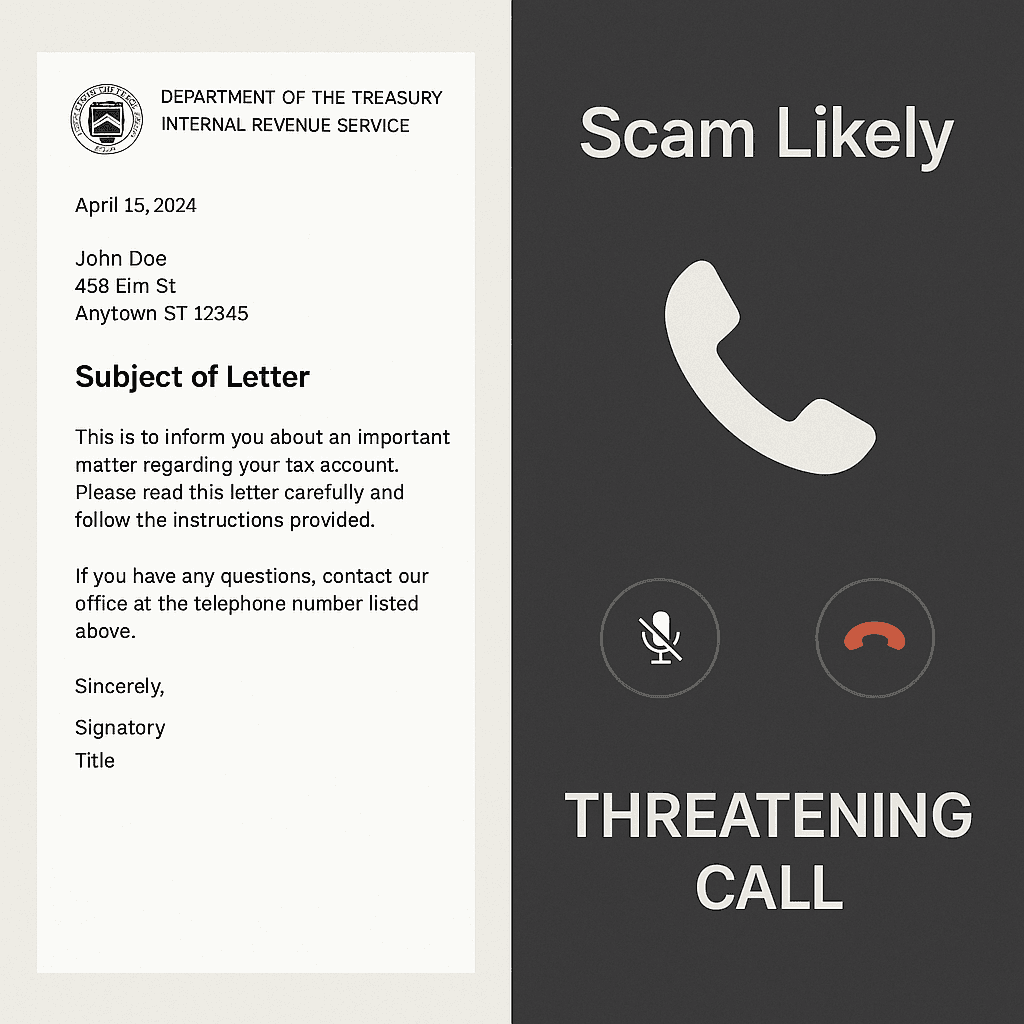 Phone displaying unknown caller ID next to official IRS logo and warning symbols