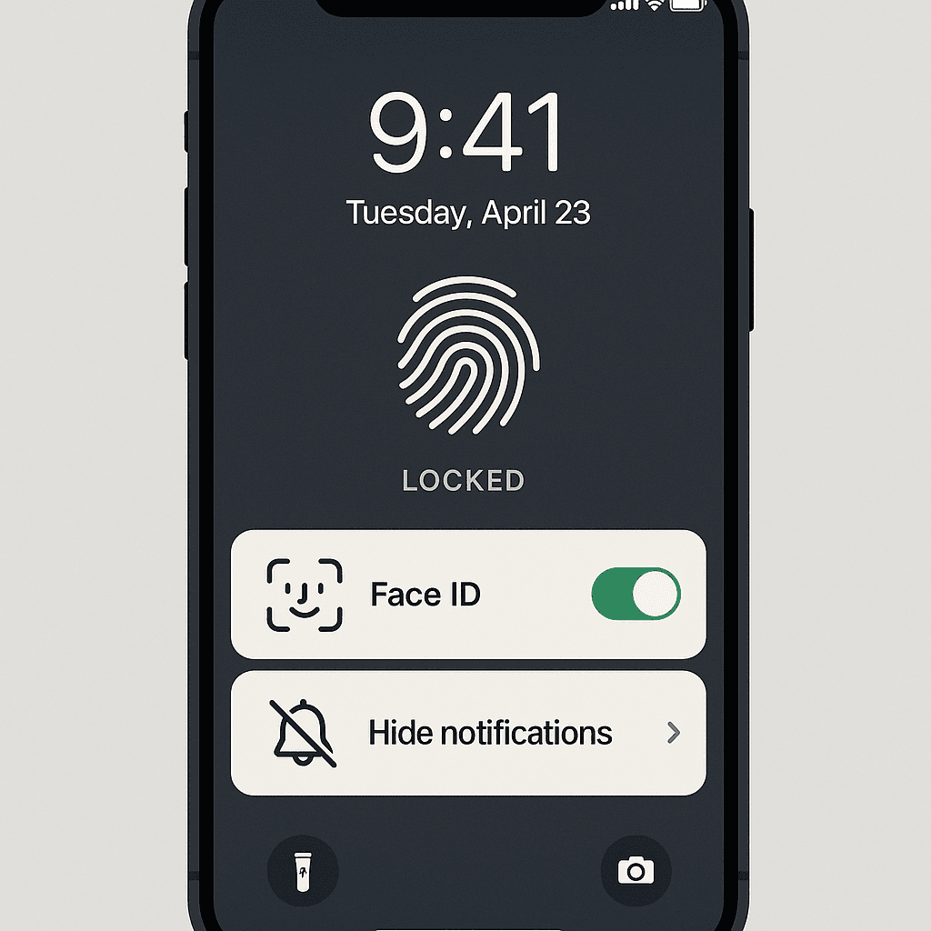 Close-up of a smartphone lock screen showing biometric authentication prompt and notification preview settings