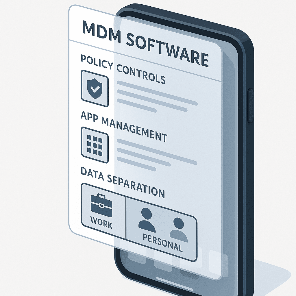 Split-screen illustration showing work data container separate from personal apps and photos on a managed device