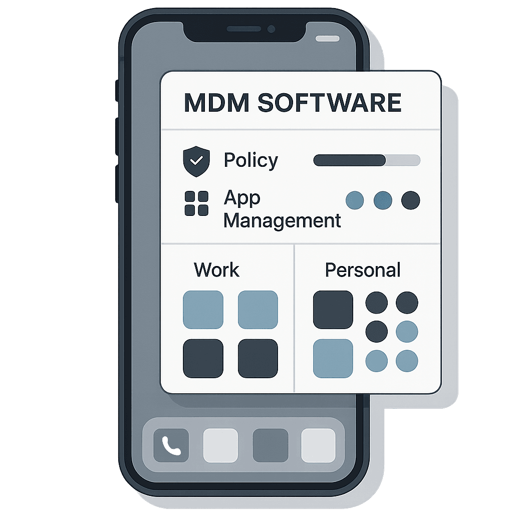 Smartphone screen displaying MDM configuration profile with company policies and device management settings