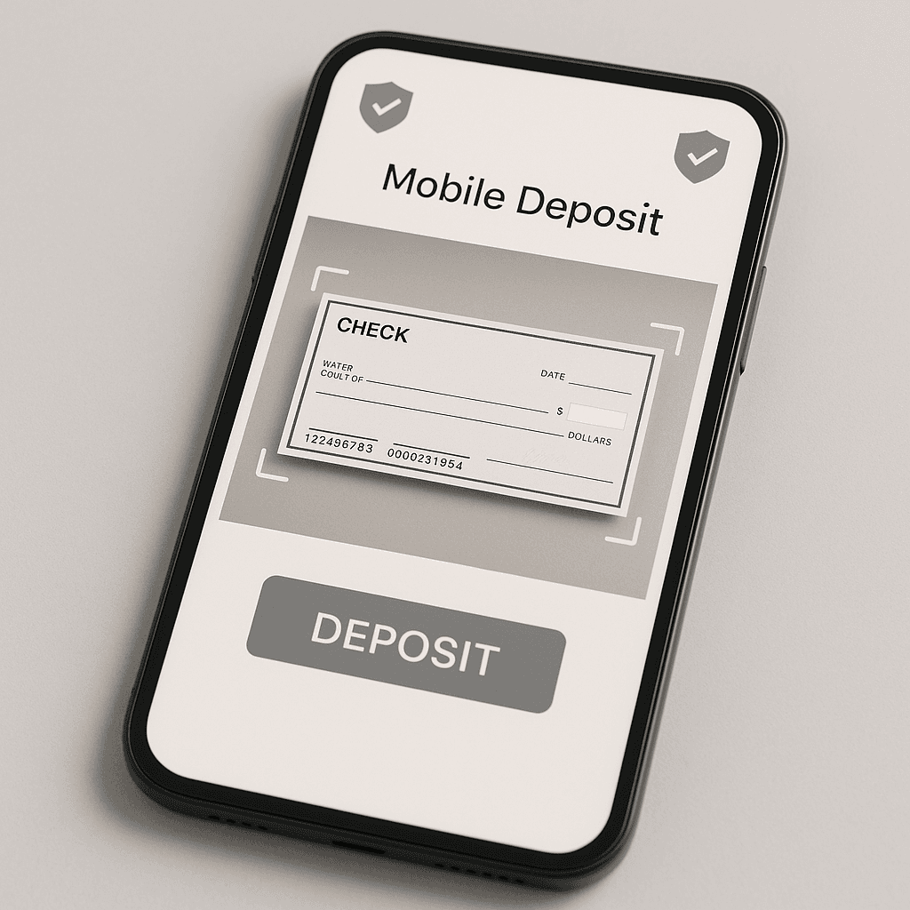 Smartphone displaying a check capture screen with security icons overlaid on a neutral background
