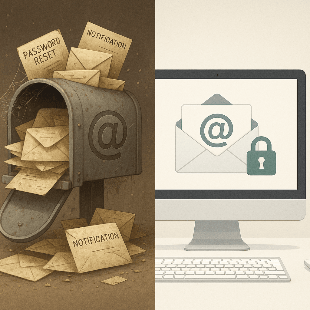 Abandoned email inbox with years of accumulated messages and account connections