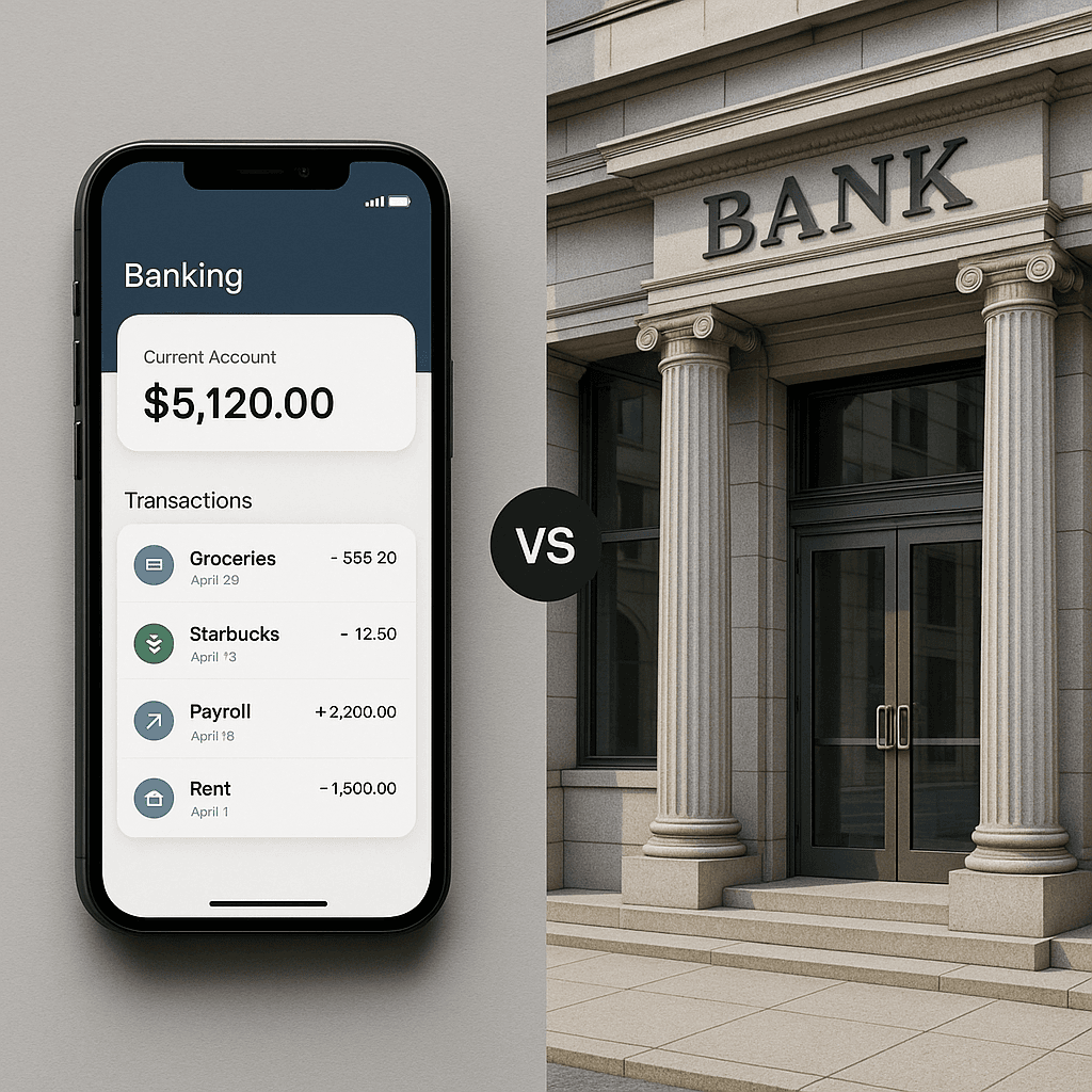 Decision tree diagram showing key factors to consider when choosing between online-only and traditional banks, with branches for FDIC coverage, fraud protection, and access needs